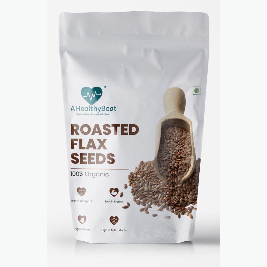 AHealthyBeat organic roasted flax seeds 250g pack, front of pouch
